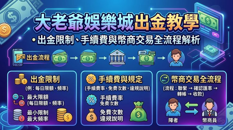 這張圖片是針對「大老爺娛樂城出金教學」主題設計的 16:9 繁體中文 SEO 文章縮圖。 圖中以科技感藍色為背景，清楚劃分出「出金限制」、「手續費與規定」及「幣商交易全流程」三大核心區塊與流程圖解。