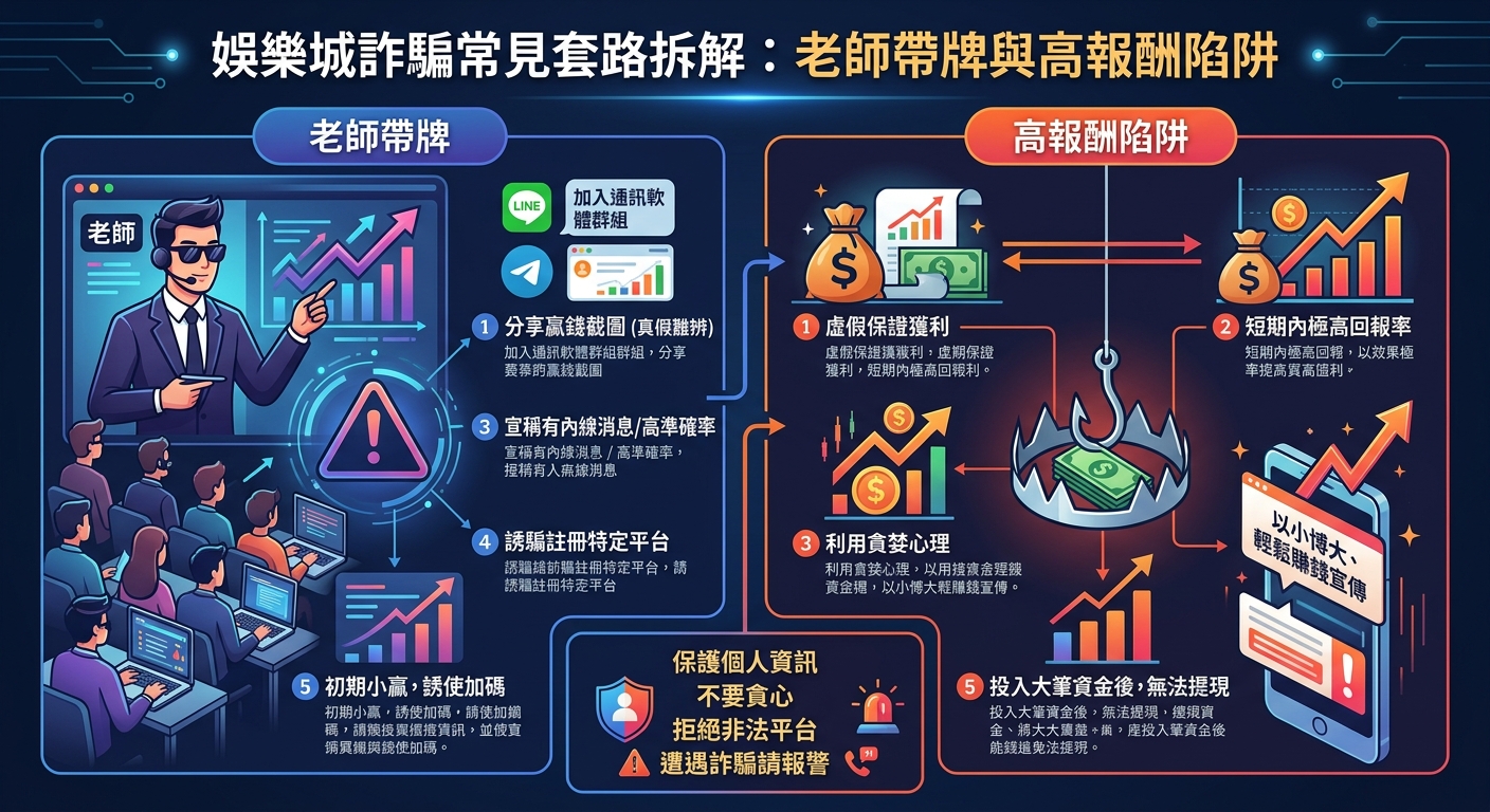 娛樂城詐騙常見套路拆解：老師帶牌與高報酬陷阱
