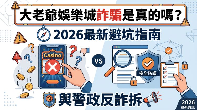 這張圖片採用現代扁平化插畫風格，呈現「反詐騙與網路安全指南」的主題。 畫面左側展示帶有疑問與警告標示的線上賭場手機介面，右側則結合放大鏡、安全盾牌與警徽，搭配清楚的繁體中文標題，凸顯警政拆解與避坑分析的核心觀點。